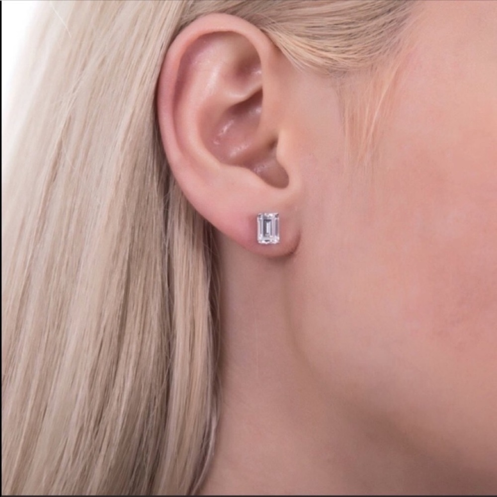 EMERALD CUT CZ Diamond Solitaire Stud Earrings - Picture 2 of 2